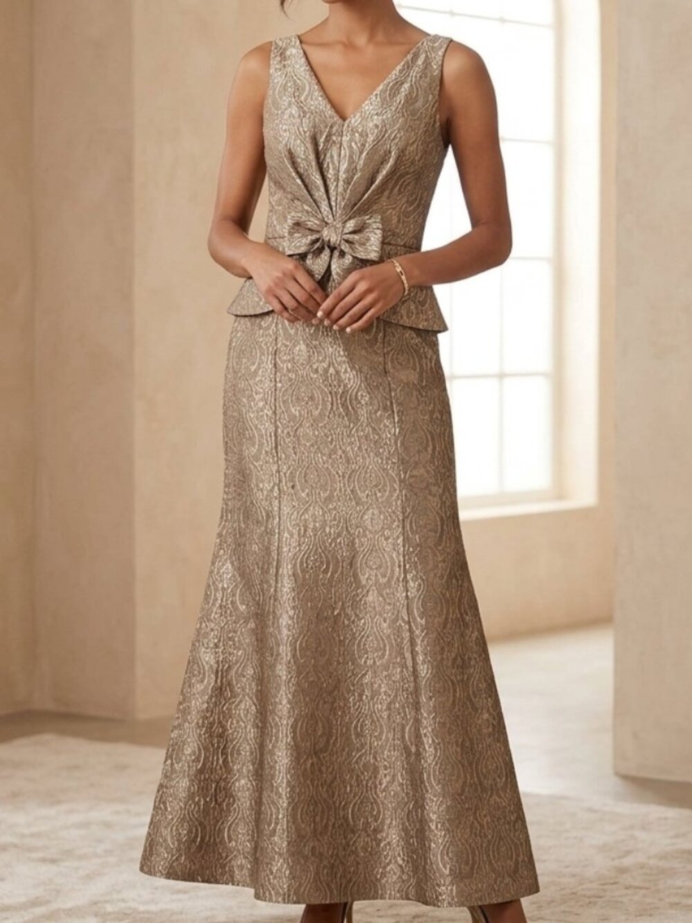 David Meister Metallic Brocade Bow Waist Peplum Evening Gown Sz 6
